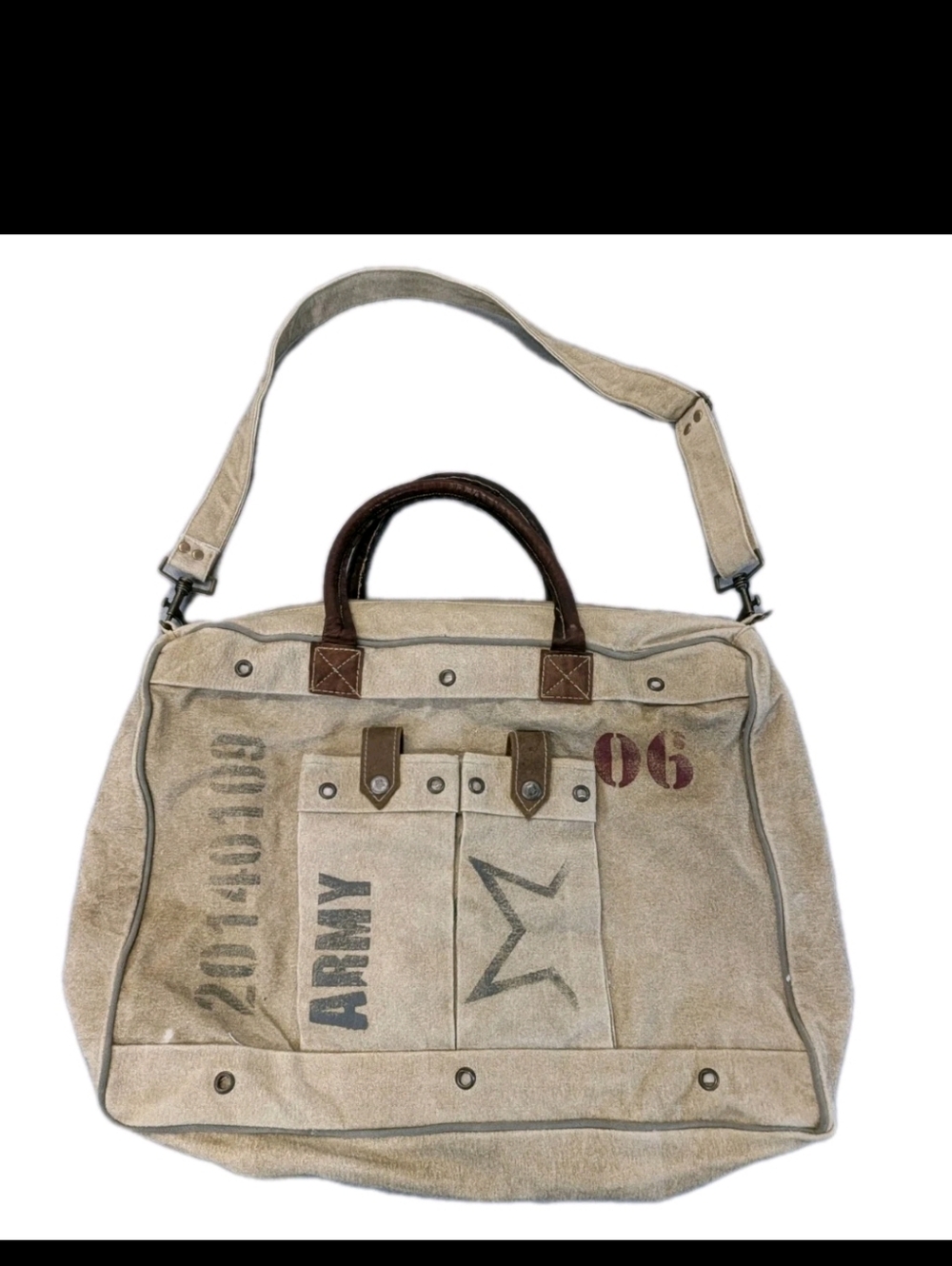 The Barrel Shack Canvas Leather Tote Bag Army Military Stencil Repurposed